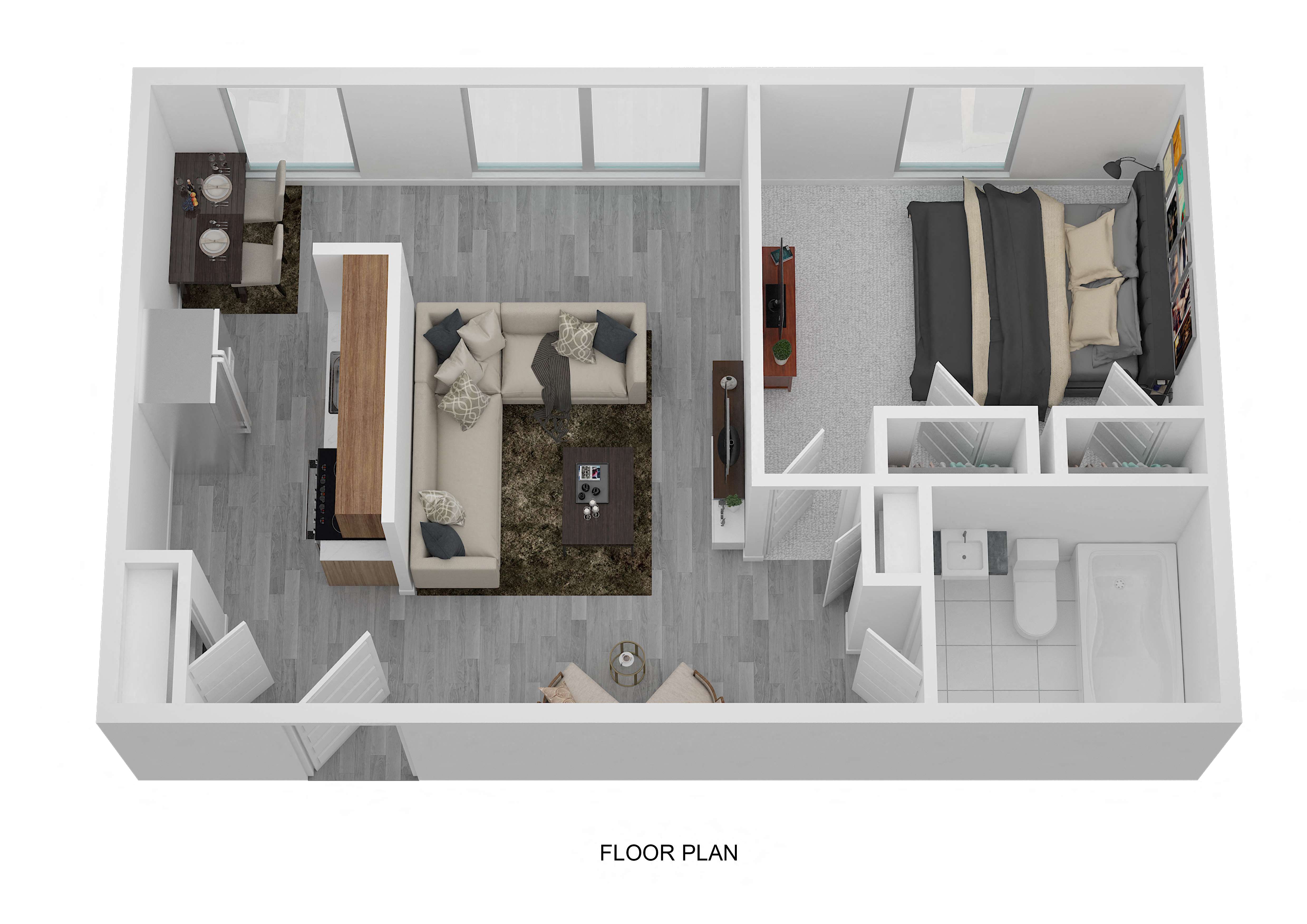 Floor plan for 1 bed, 1 bath, 688 sqft